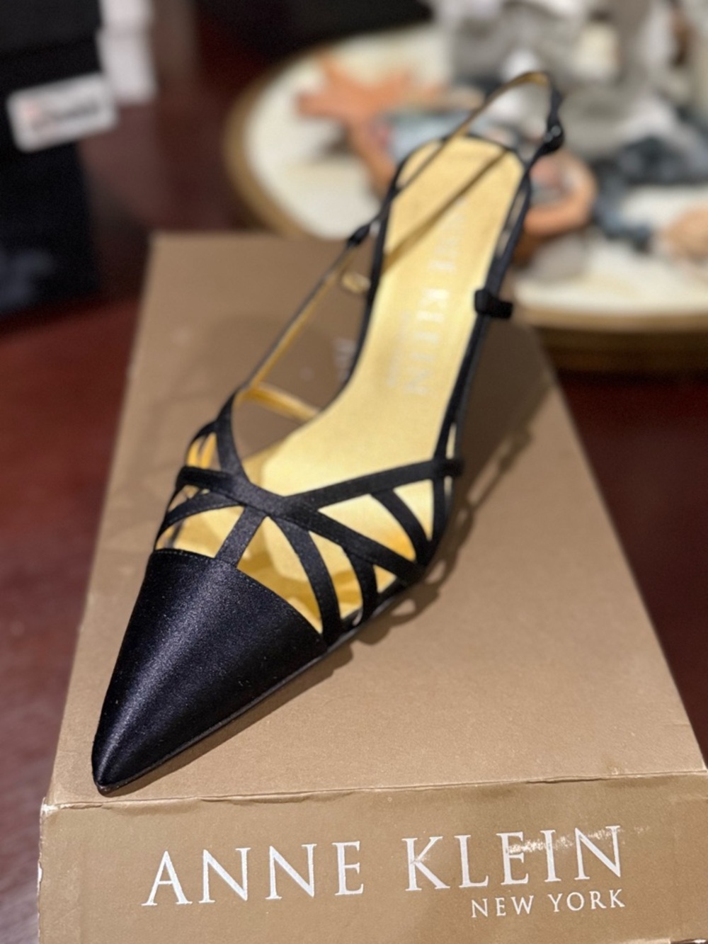 Anne Klein Black Satin Pointed-Toe Strappy Slingback Heel